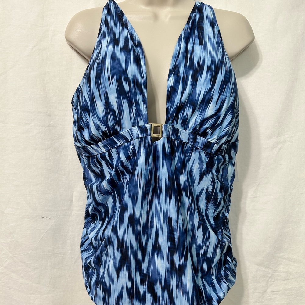 Anne Cole Plus 22W Printed Front Underwire Tankini Top Swimsuit Blue